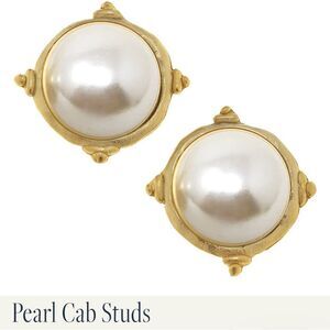 Gold and White Pearl Cabochon Stud Earrings